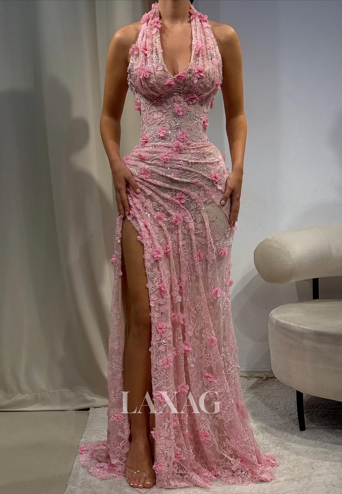 Halter V-Neck Sleeveless Floral Embellished Sequined Beaded Allover Lace Mermaid Prom Dress