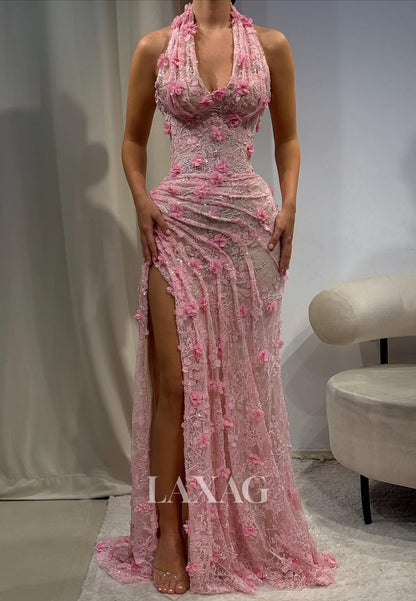 Halter V-Neck Sleeveless Floral Embellished Sequined Beaded Allover Lace Mermaid Prom Dress