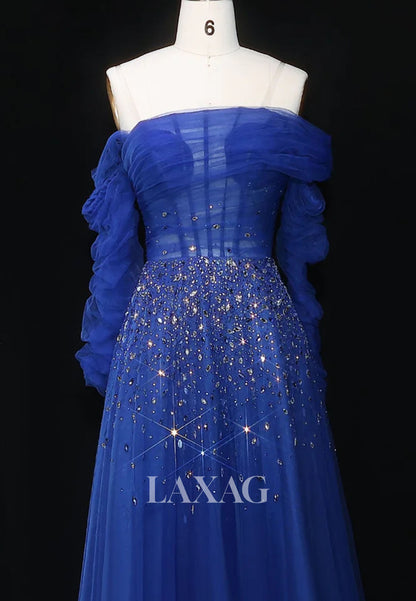 Asymmetrical-Neck Long-Sleeves A-Line Evening Dress Rhinestone Beaded Pleated Tulle Formal Gowns