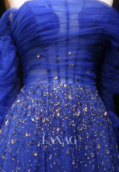 Asymmetrical-Neck Long-Sleeves A-Line Evening Dress Rhinestone Beaded Pleated Tulle Formal Gowns