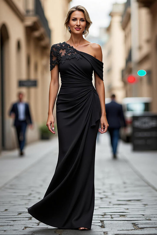 Asymmetrical-Neck Floor-Length Beaded Satin Pleated Mermaid Mother of the Bride Dress