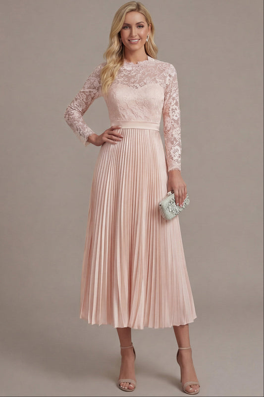 Scoop-Neck Long-Sleeves Applique Chiffon Pleated Tea-Length A-Line Mother of the Bride Dress