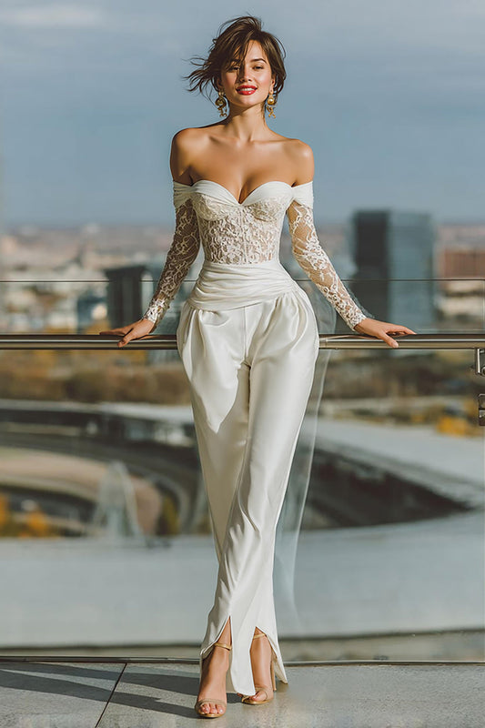 Sweetheart Long-Sleeves Lace Applique Tulle&Satin Sheer Pleated Jumpsuit Wedding Dress