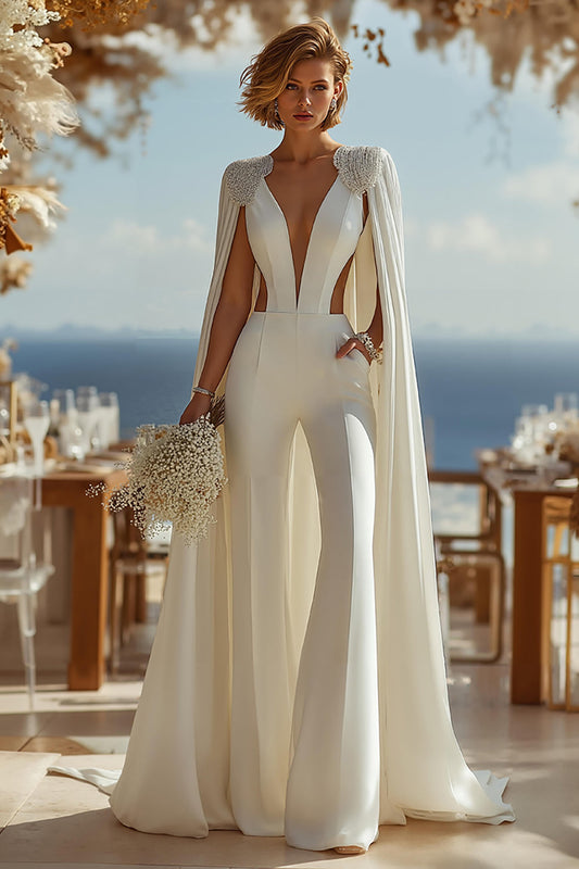 Deep V-Neck Cape-Sleeves Beaded Applique Chiffon&Satin Pleated Jumpsuit Wedding Dress