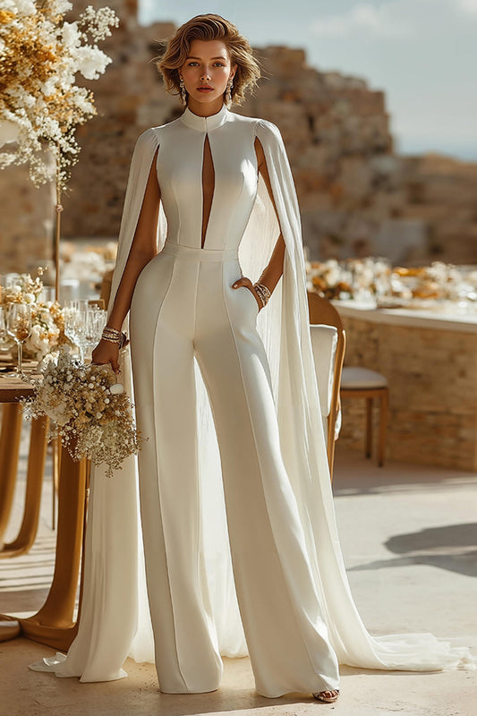 High-Neck Cape-Sleeves Chiffon&Satin Pleated Cut Out Simple Jumpsuit Wedding Dress