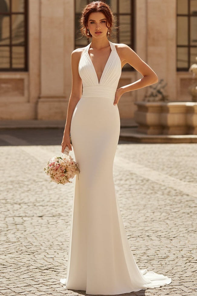 Halter Deep V-Neck Sleeveless Floor-Length Stretch Satin Pleated Mermaid Wedding Dress