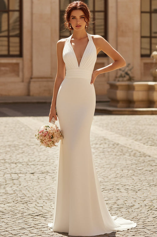 Halter Deep V-Neck Sleeveless Floor-Length Stretch Satin Pleated Mermaid Wedding Dress