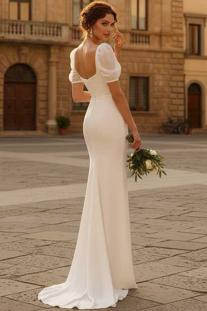 Sweetheart Short-Sleeves Chiffon Pleated Floor-Length Slit Mermaid Boho Wedding Dress