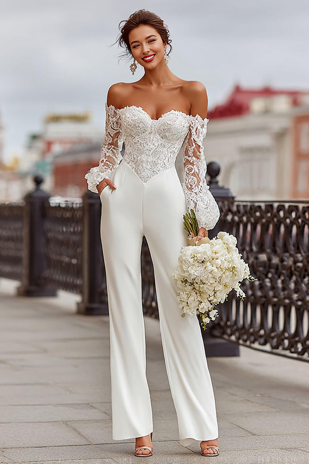 Sweetheart Long-Sleeves Lace Applique Tulle&Satin Sheer Jumpsuit Wedding  Dress