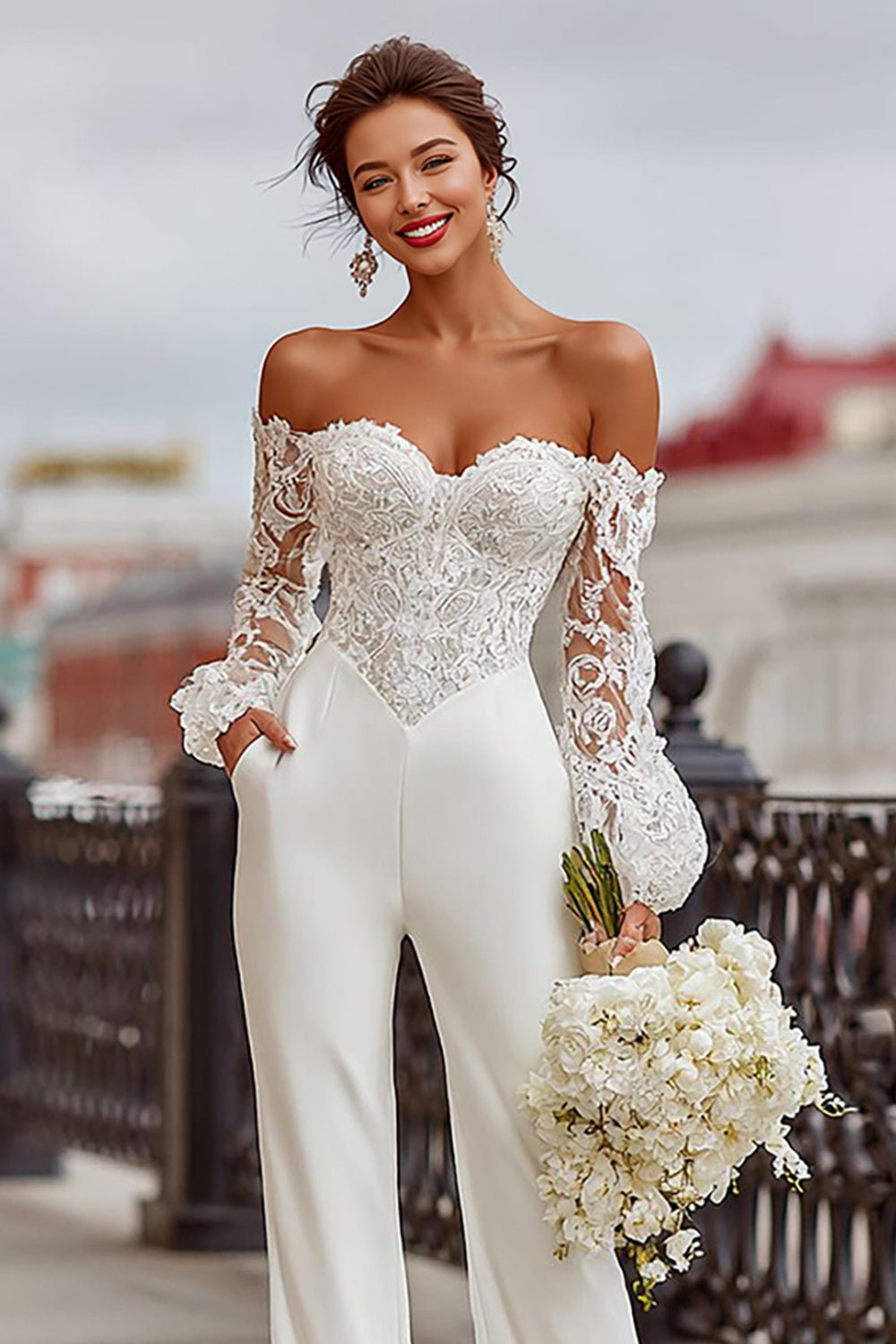 Sweetheart Long-Sleeves Lace Applique Tulle&Satin Sheer Jumpsuit Wedding Dress