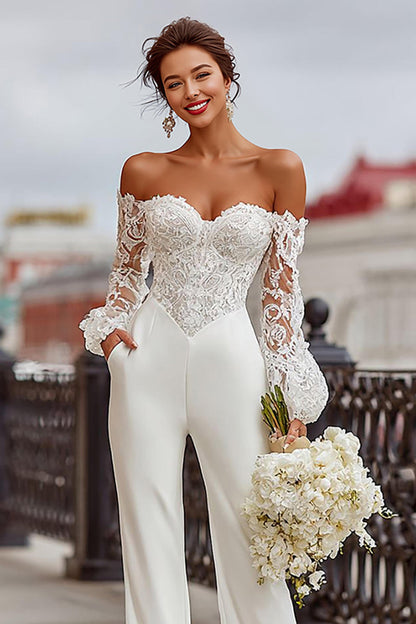 long sleeve jumpsuit wedding dress Sleeves Jewel Neck Jumpsuits A-Line Dresses COCOSBRIDE Illusion Neck Straps Bridal Jumpsuit With Long Sleeve