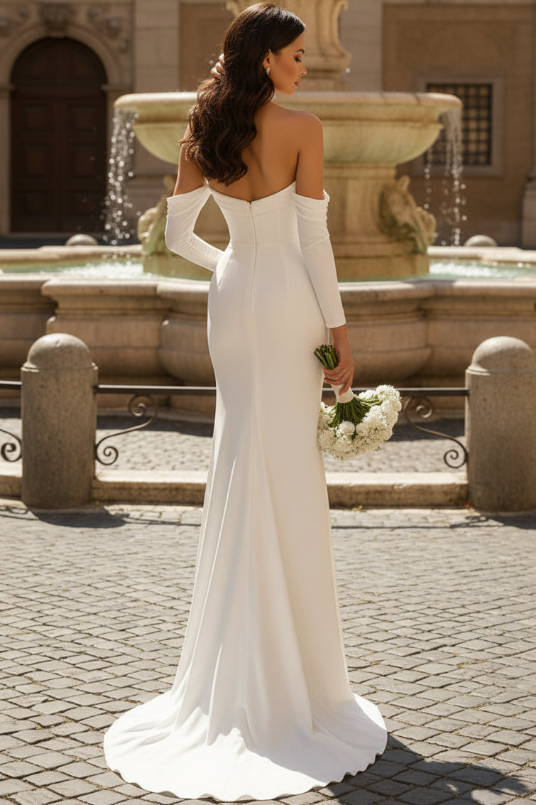Sweetheart Off-Shoulder Long-Sleeves Stretch Satin Sweep Train Mermaid Wedding Dress