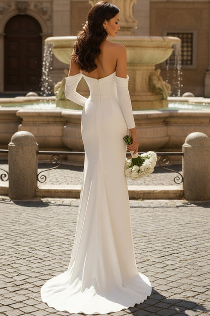 Sweetheart Off-Shoulder Long-Sleeves Stretch Satin Sweep Train Mermaid Wedding Dress
