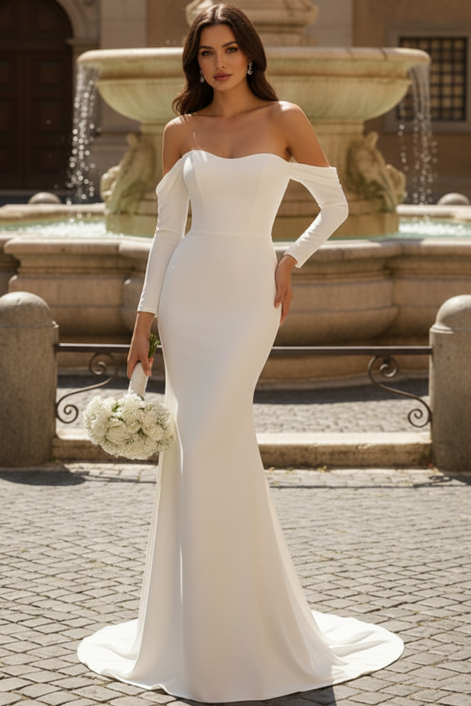 Sweetheart Off-Shoulder Long-Sleeves Stretch Satin Sweep Train Mermaid Wedding Dress