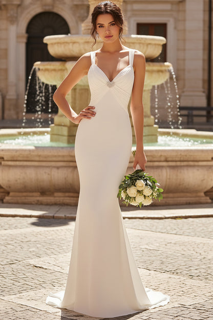 V-Neck Sleeveless Straps Beaded Stretch Satin Pleated Floor-Length Mermaid Wedding Dress