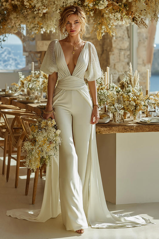 Deep V-Neck Short-Sleeves Chiffon&Satin Pleated Jumpsuit Wedding Dress with Sweep Train