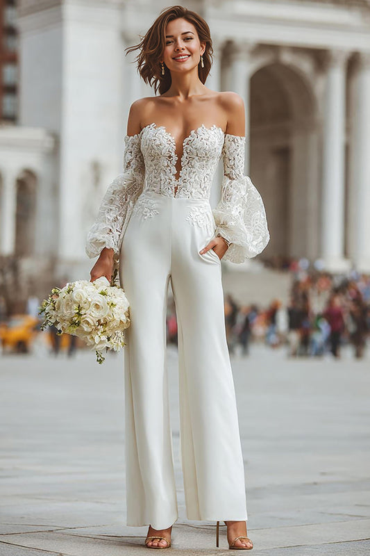 Sweetheart Long-Bell-Sleeves Lace Applique Tulle&Satin Sheer Jumpsuit Wedding Dress
