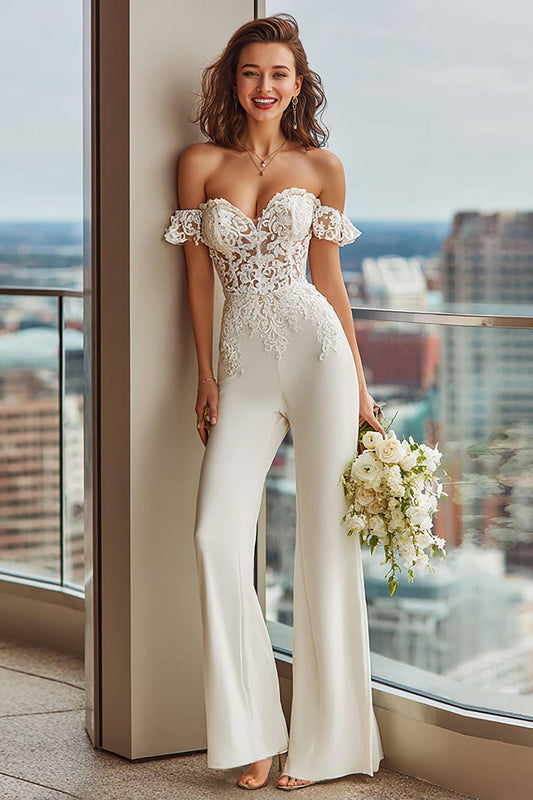 Off-Shoulder Sweetheart Sleeveless Lace Applique Tulle&Satin Sheer Jumpsuit Wedding Dress