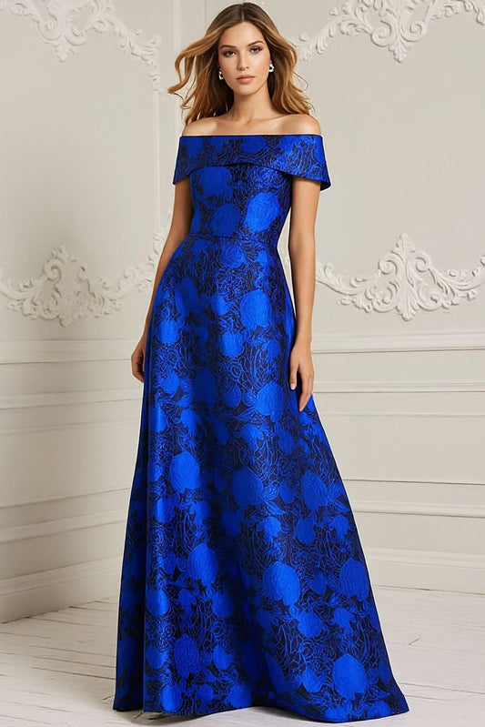 Bateau-Neck Off-Shoulder Sleeveless Jacquard Satin A-Line Mother of the Bride Dress