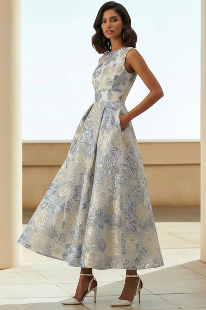 Scoop-Neck Sleeveless Ankle-Length Jacquard Satin Pleated Mother of the Bride Dress