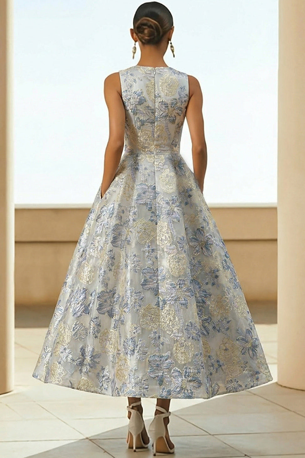 Scoop-Neck Sleeveless Ankle-Length Jacquard Satin Pleated Mother of the Bride Dress