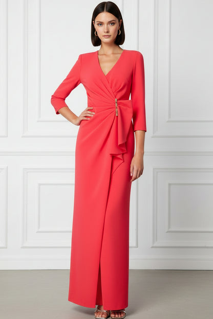 V-Neck 3/4-Sleeves Floor-Length Beaded Chiffon Pleated Fitted Wedding Guest Dress