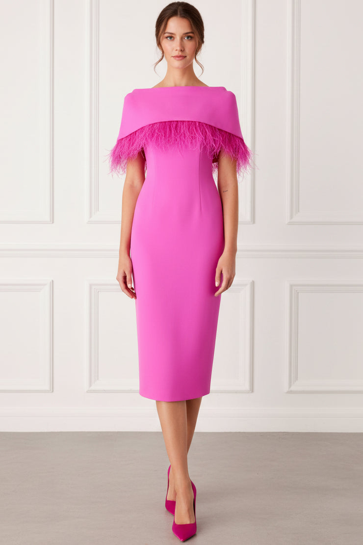 Bateau-Neck Cap-Sleeves Feathered Satin Tea-Length Mermaid Cocktail Dress