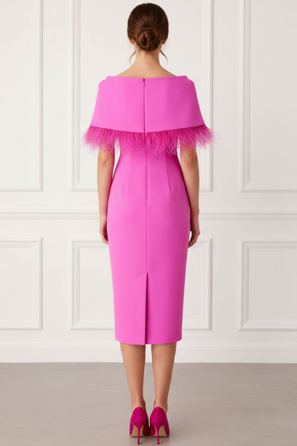 Bateau-Neck Cap-Sleeves Feathered Satin Tea-Length Mermaid Cocktail Dress