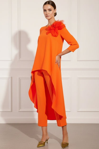 Scoop-Neck 3/4-Sleeves 3D-Floral Chiffon Pleated Cocktail Jumpsuit