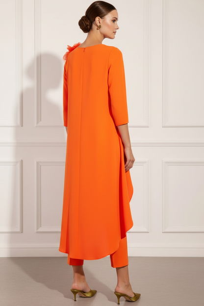 Scoop-Neck 3/4-Sleeves 3D-Floral Chiffon Pleated Cocktail Jumpsuit