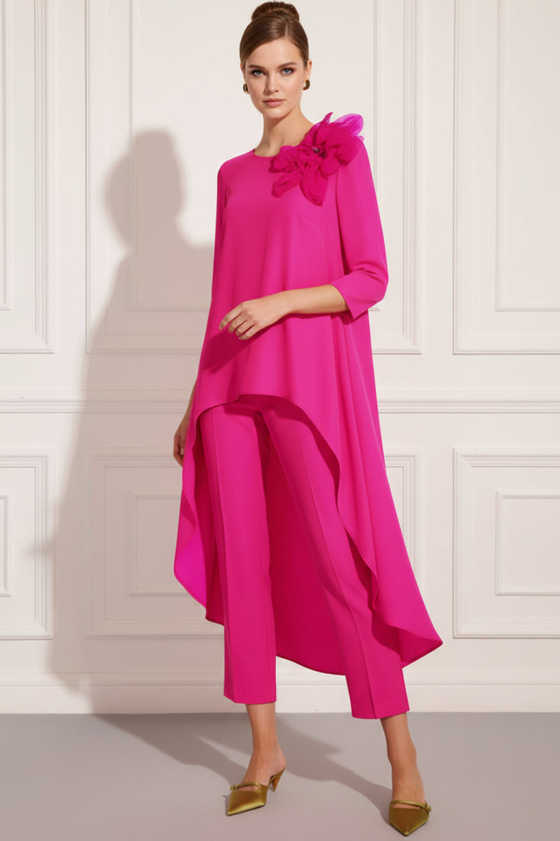 Scoop-Neck 3/4-Sleeves 3D-Floral Chiffon Pleated Cocktail Jumpsuit