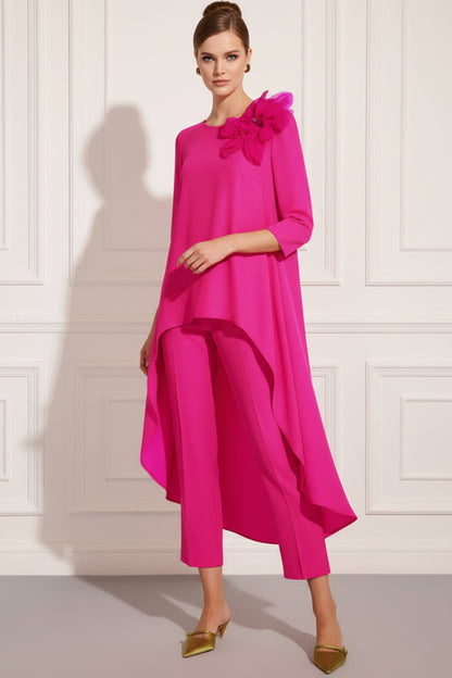Scoop-Neck 3/4-Sleeves 3D-Floral Chiffon Pleated Cocktail Jumpsuit