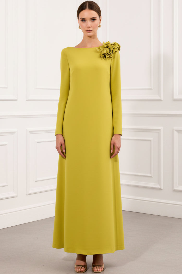 Scoop-Neck Long-Sleeves 3D-Floral Satin Floor-Length Fitted Wedding Guest Dress