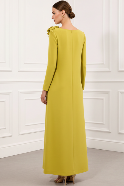 Scoop-Neck Long-Sleeves 3D-Floral Satin Floor-Length Fitted Wedding Guest Dress