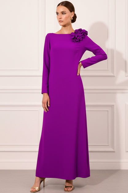 Scoop-Neck Long-Sleeves 3D-Floral Satin Floor-Length Fitted Wedding Guest Dress