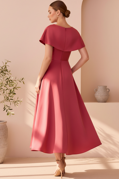 Simple V-Neck Cap-Sleeves Satin Pleated Ankle-Length A-line Cocktail Dress
