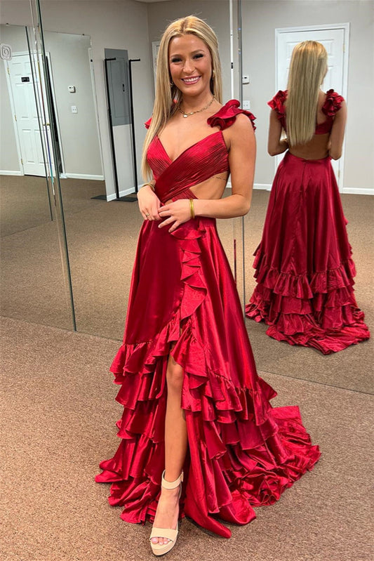 V-Neck Bows-Straps Sleeveless Ruffled Satin Pleated Tiered A-Line Prom Dress with Train