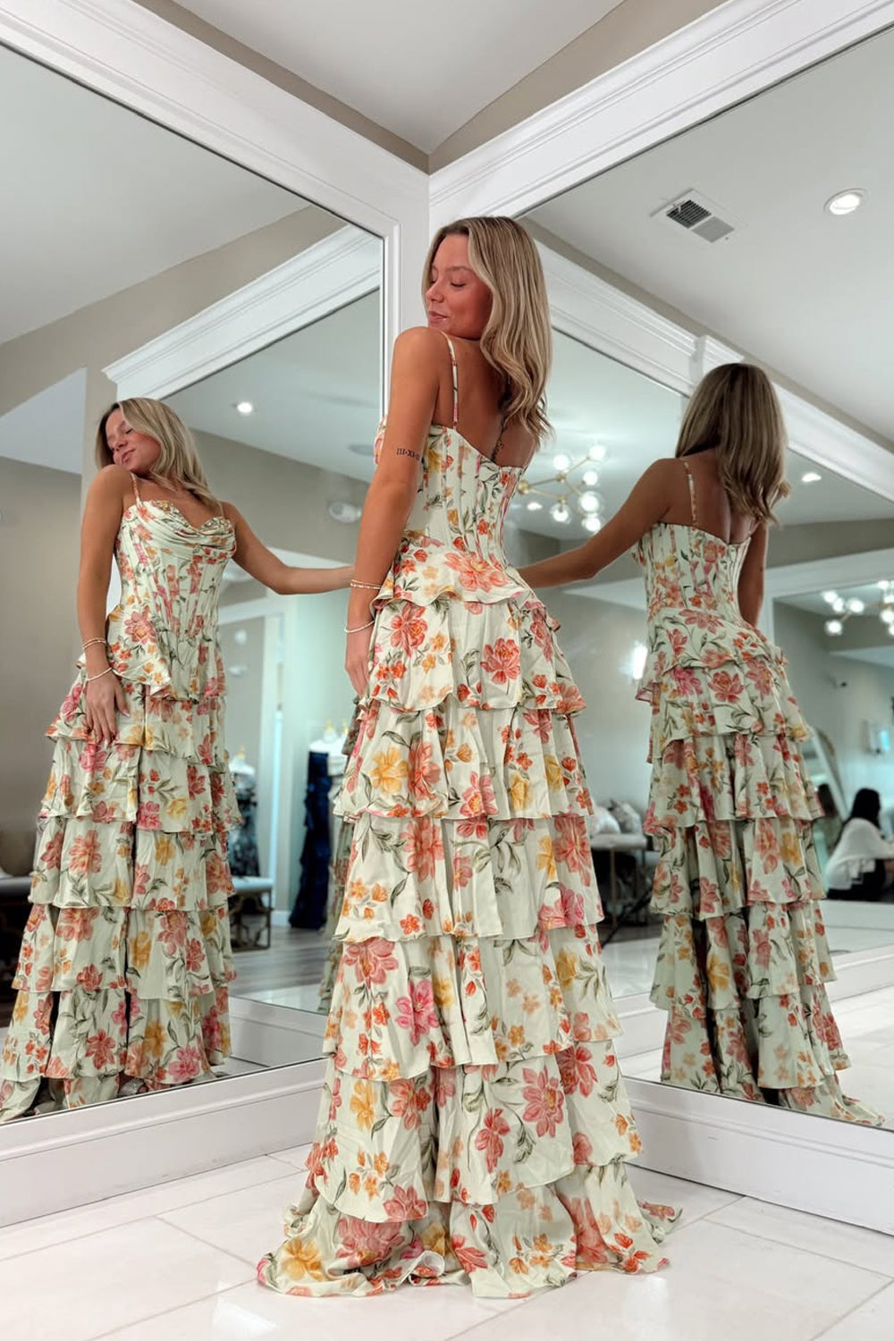 Sweetheart Spaghetti Straps Print-Floral Chiffon Pleated Tiered High Slit A-Line Prom Dress