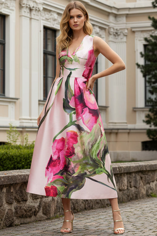 V-Neck Sleeveless Print-Satin Pleated Ankle-Length A-Line Mother of the Bride Dress