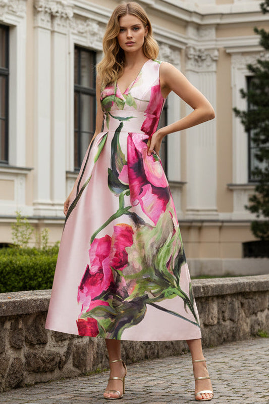 V-Neck Sleeveless Print-Satin Pleated Ankle-Length A-Line Mother of the Bride Dress