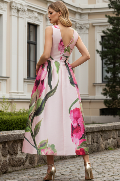 V-Neck Sleeveless Print-Satin Pleated Ankle-Length A-Line Mother of the Bride Dress