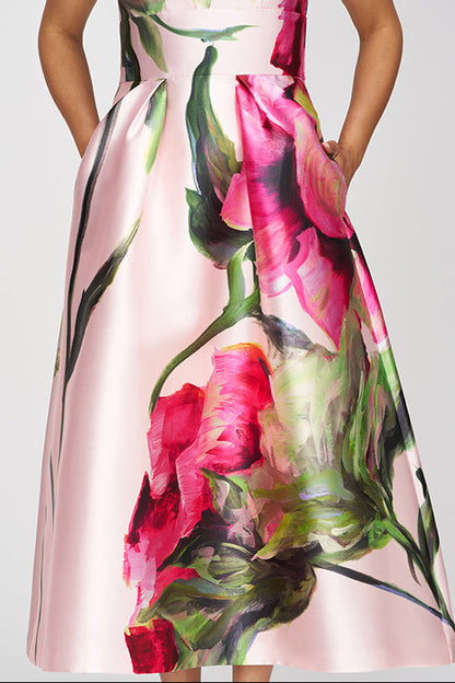 V-Neck Sleeveless Print-Satin Pleated Ankle-Length A-Line Mother of the Bride Dress