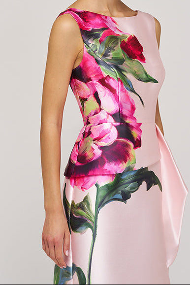 Scoop-Neck Sleeveless Print-Satin Pleated Mermaid Mother of the Bride Dress with Slit