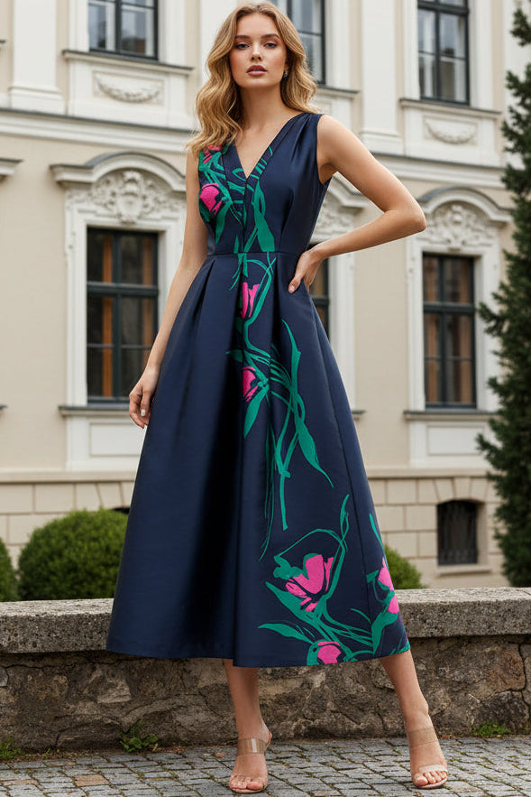 V-Neck Sleeveless Ankle-Length Print-Satin Pleated A-Line Mother of the Bride Dress