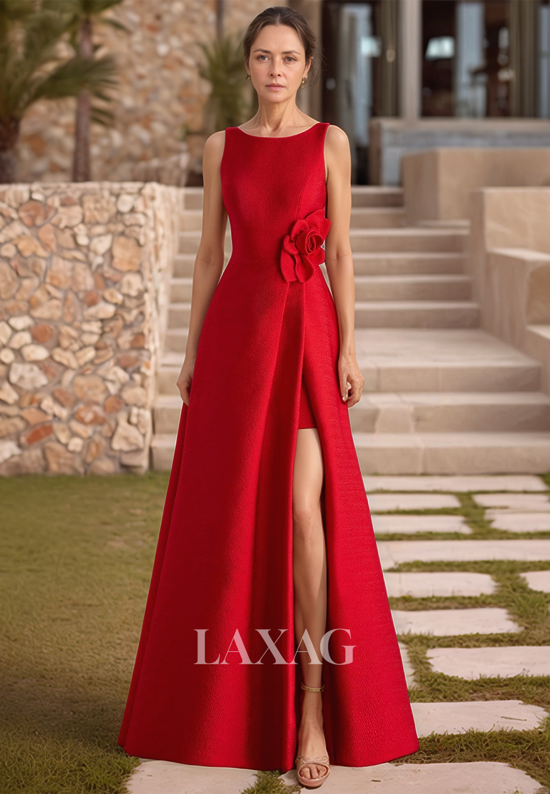 فستان أم العروس من الساتان بطول الأرض، مزين بالزهور، بدون أكمام، بدون حمالات، وفتحة رقبة دائرية، وكتف مكشوف