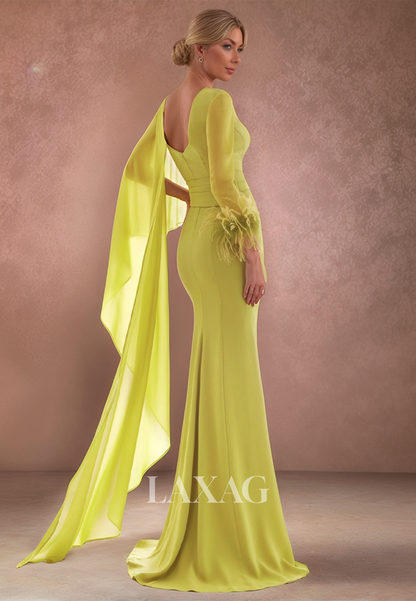 Long-Sleeves V-Neck Chiffon Mermaid Mother of the Bride Dress Pleated Floor-Length Cocktail Gowns
