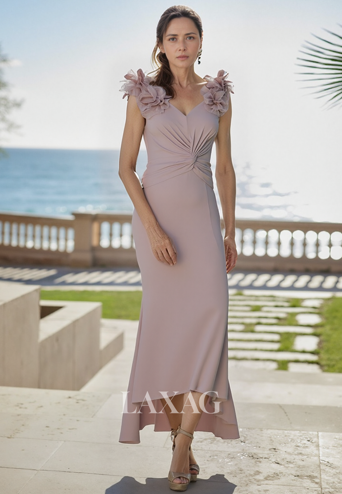 Sleeveless V-Neck Midi Mermaid Mother of the Bride Dress Pleated Chiff – Laxag
