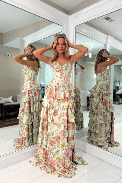 Sweetheart Spaghetti Straps Print-Floral Chiffon Pleated Tiered High Slit A-Line Prom Dress