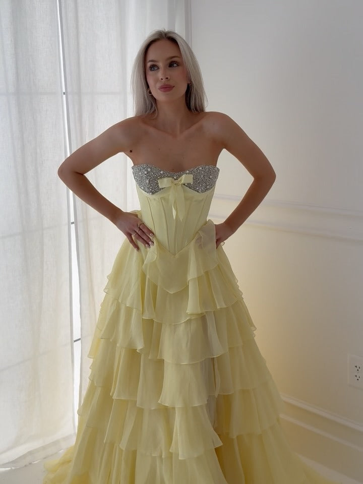 Sweetheart Corset Crystal Beaded Prom Dress A-Line Chiffon Pleated Tiered Party Gowns