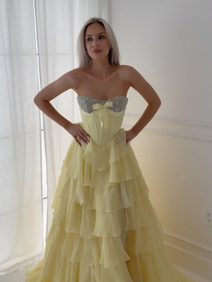 Sweetheart Corset Crystal Beaded Prom Dress A-Line Chiffon Pleated Tiered Party Gowns